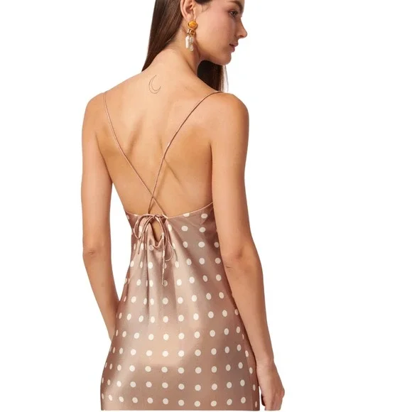 CAMI NYC Polka Dot Slip Myla Midi Dress Tan White XS Spaghetti Straps Tie Back - Picture 2 of 6